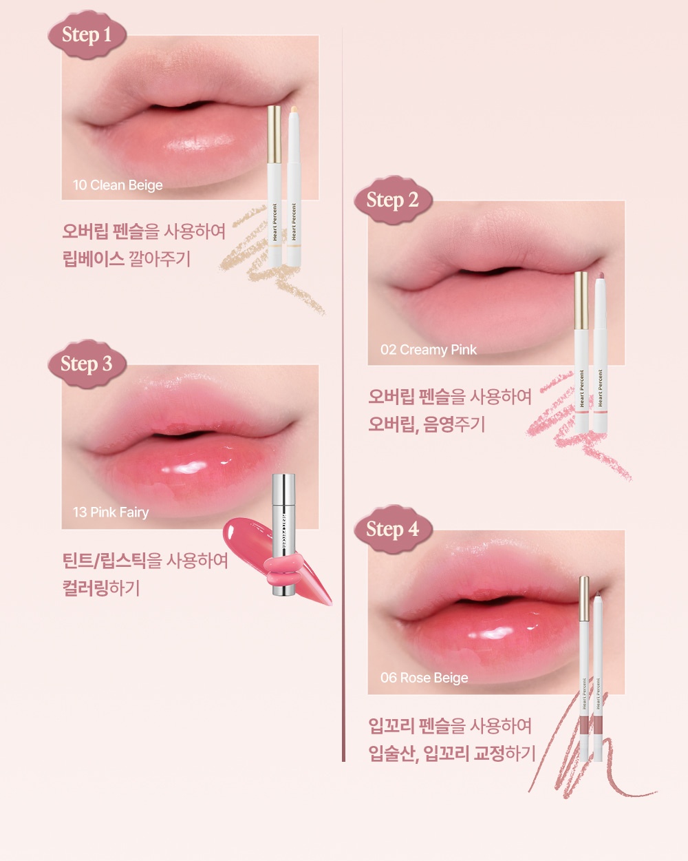 Four application steps: base, shading, colour and finishing the corners